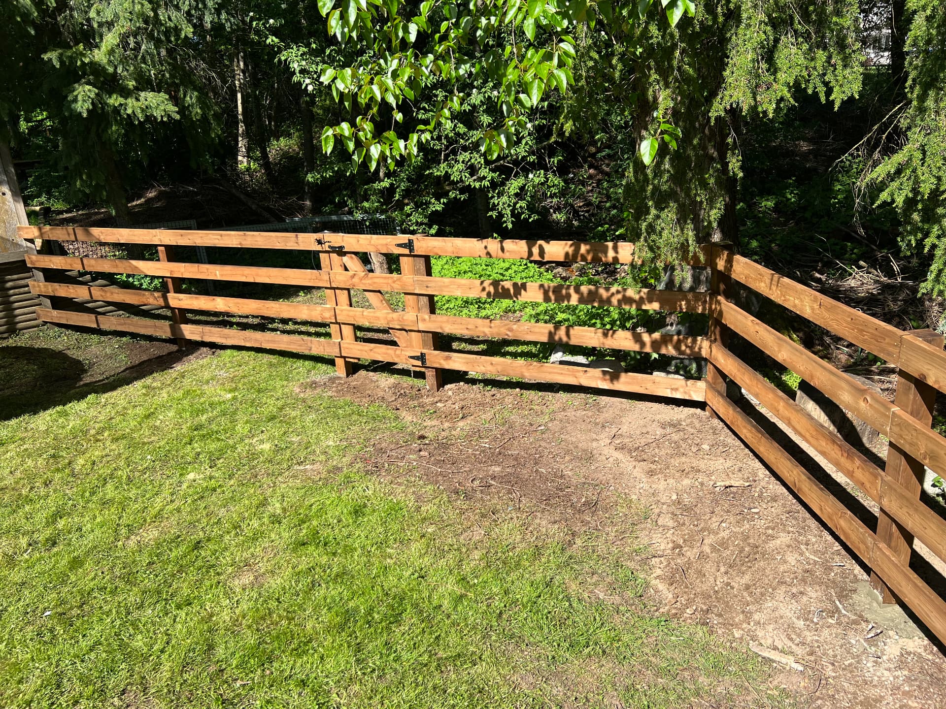 Four-rail cedar ranch fence with a matching gate enclosing a wooded backyard