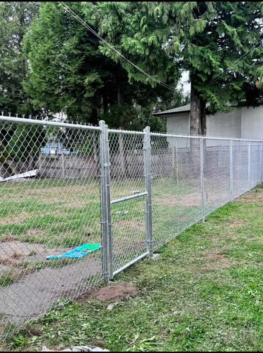 Galvanized chain link fence with a walk gate around a backyard