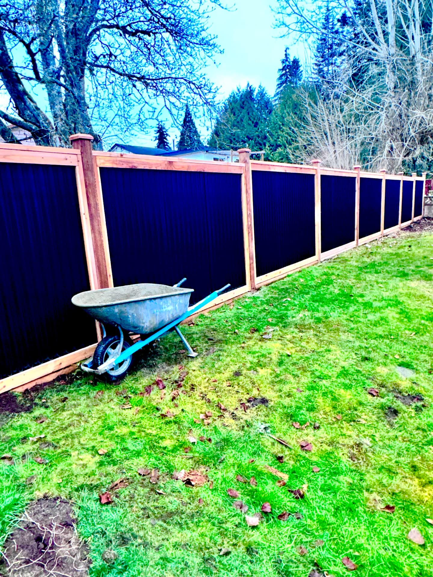 Black corrugated metal fence panels framed in cedar along a backyard lawn