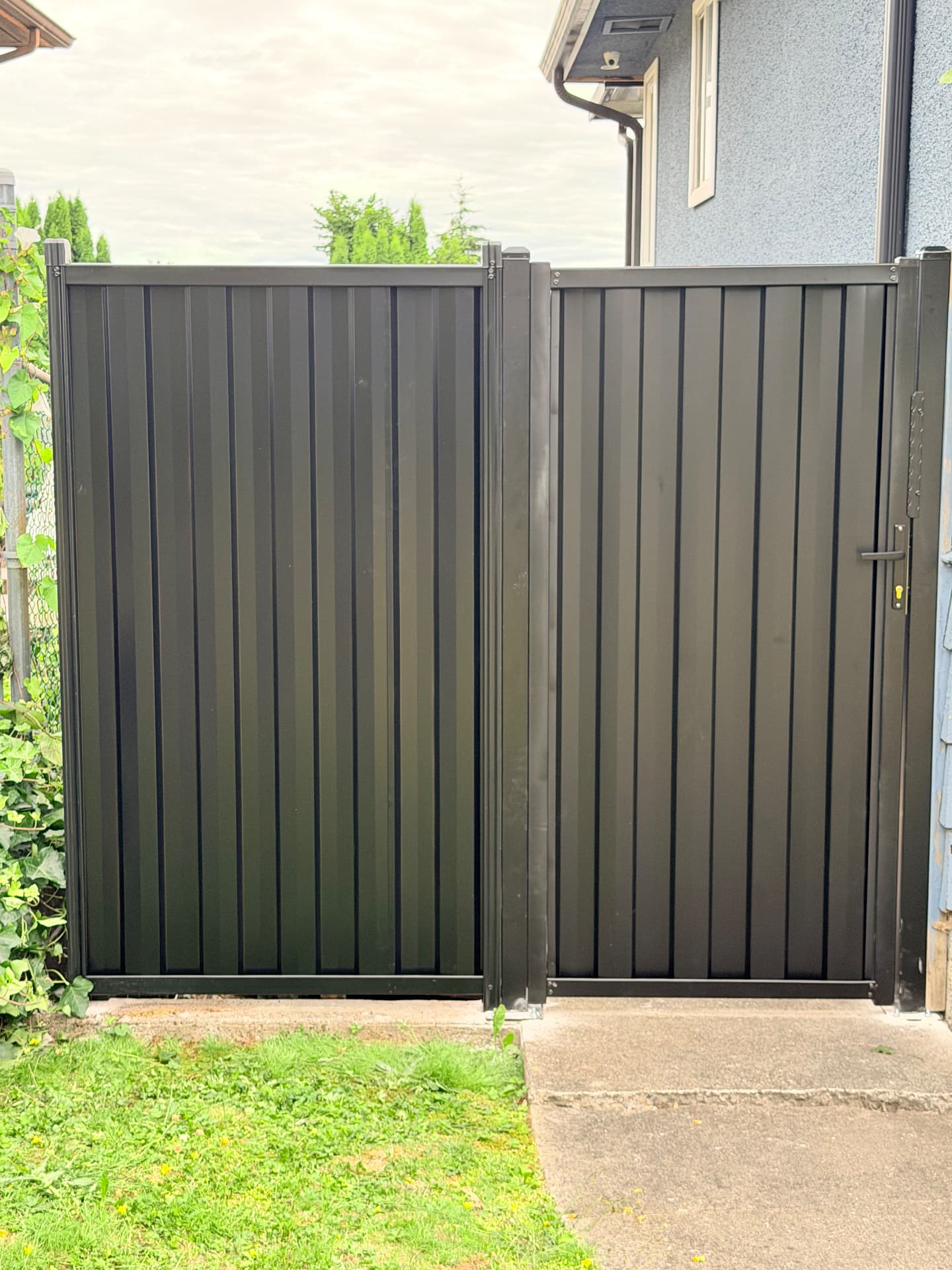 Black corrugated metal double gate with locking handle between two homes