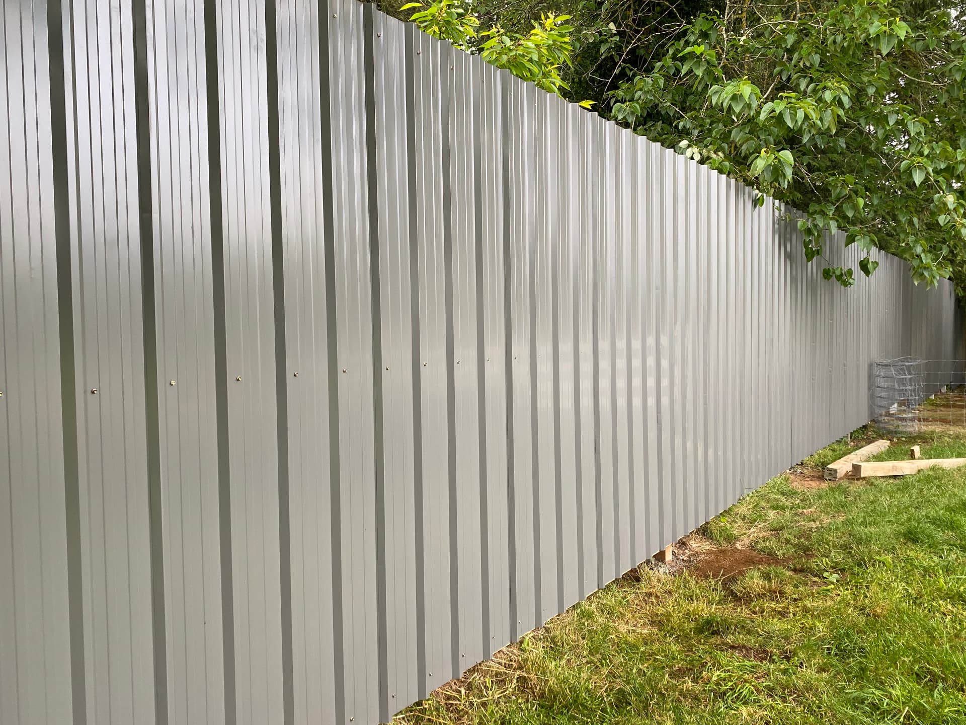 Long silver corrugated metal privacy fence running along a backyard property line