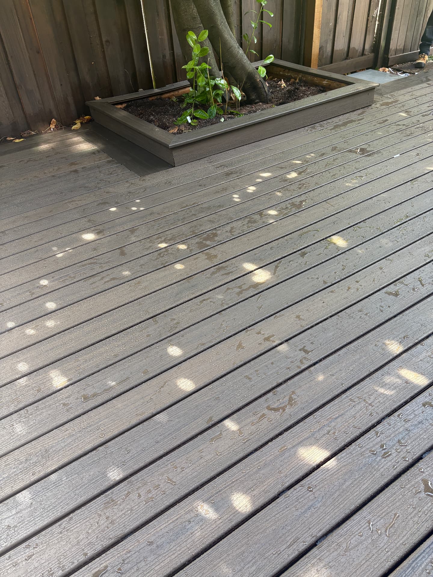 Grey composite deck boards with a built-in planter box around a tree