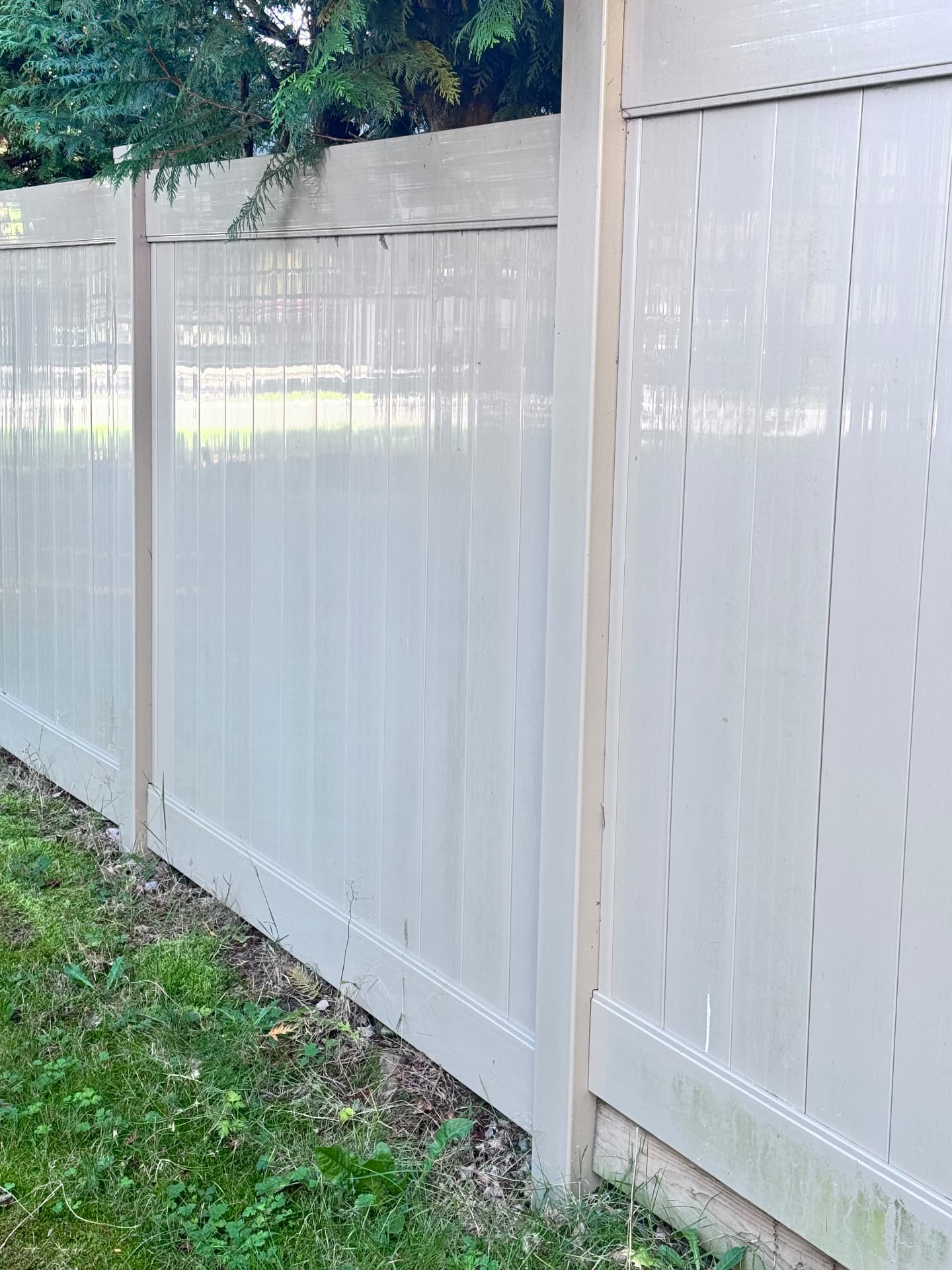 White vinyl privacy fence panels with capped posts along a grassy back yard